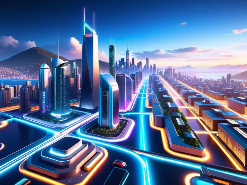 Vista futurista de la ciudad con edificios altos, luces de neón y avanzada tecnología