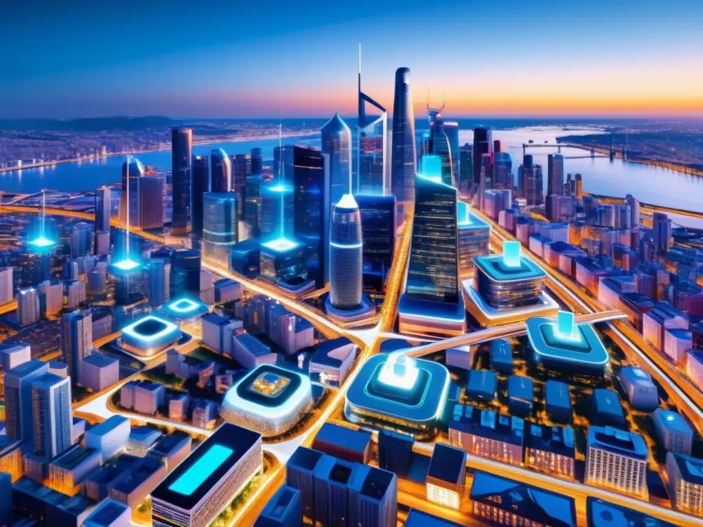 Vista futurista de una ciudad con tecnología IoT integrada en edificios y vehículos autónomos