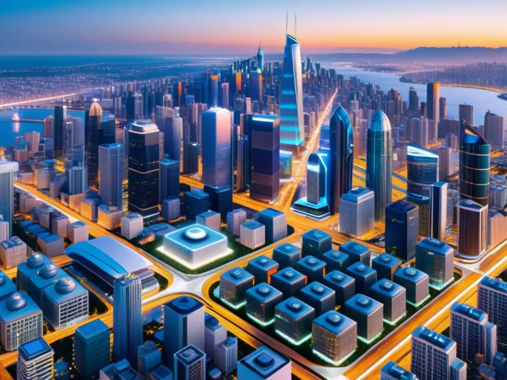 Vista futurista de una ciudad AI con licencias de código abierto para IA