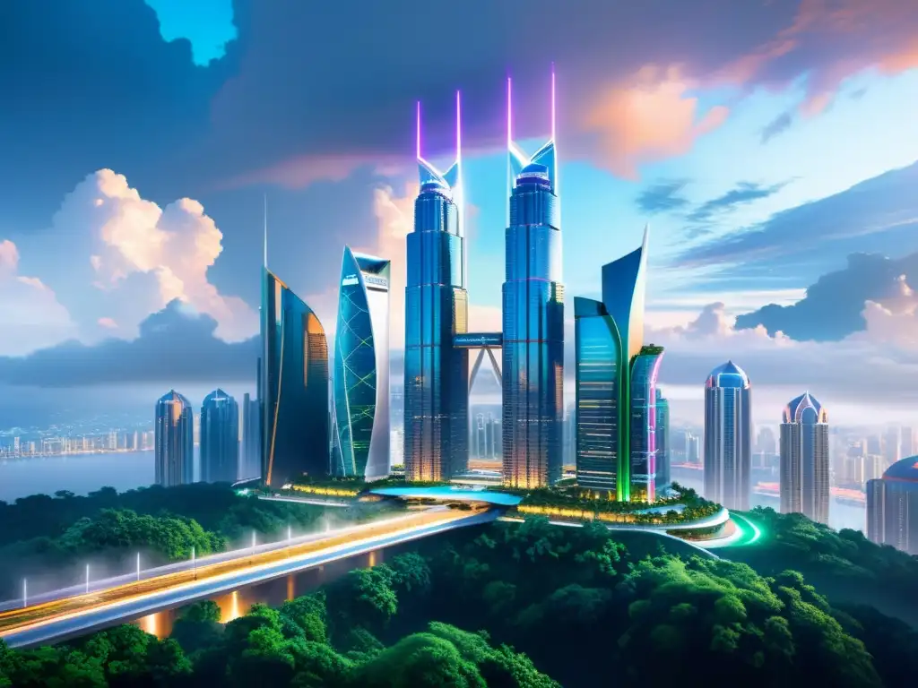 Vista futurista de una ciudad con rascacielos interconectados, luces de neón y sistemas de transporte avanzados, en armonía con la naturaleza y la tecnología