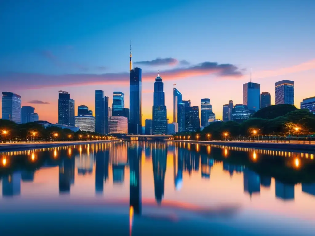 Vista futurista de la ciudad al anochecer con rascacielos iluminados reflejados en el río