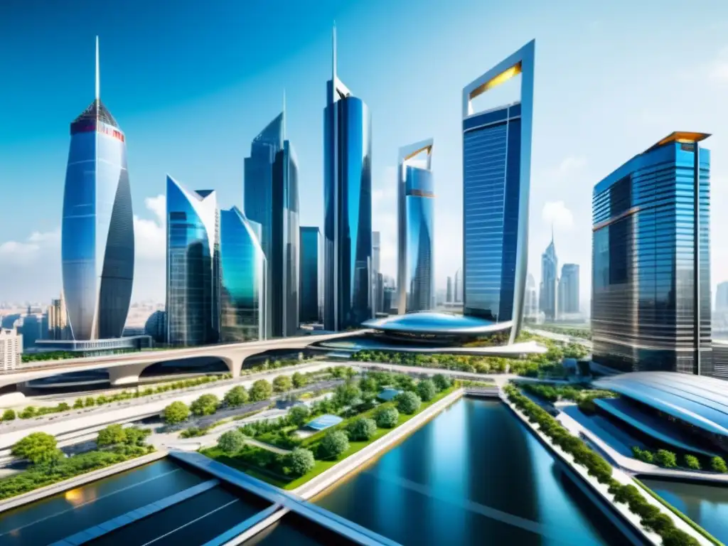 Vista futurista de una ciudad con rascacielos modernos y tecnología avanzada, representando el desarrollo de aplicaciones empresariales con frameworks open source