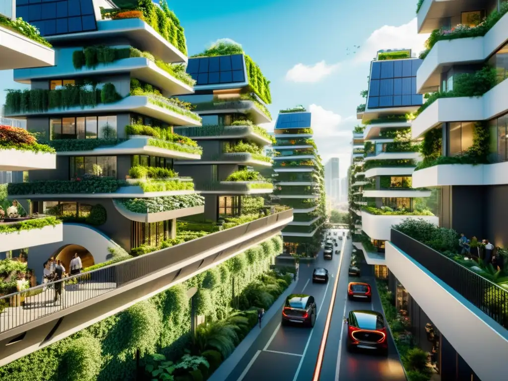 Vista futurista de ciudad sostenible, integrando arquitectura y naturaleza, reflejando el tema de sostenibilidad software código abierto