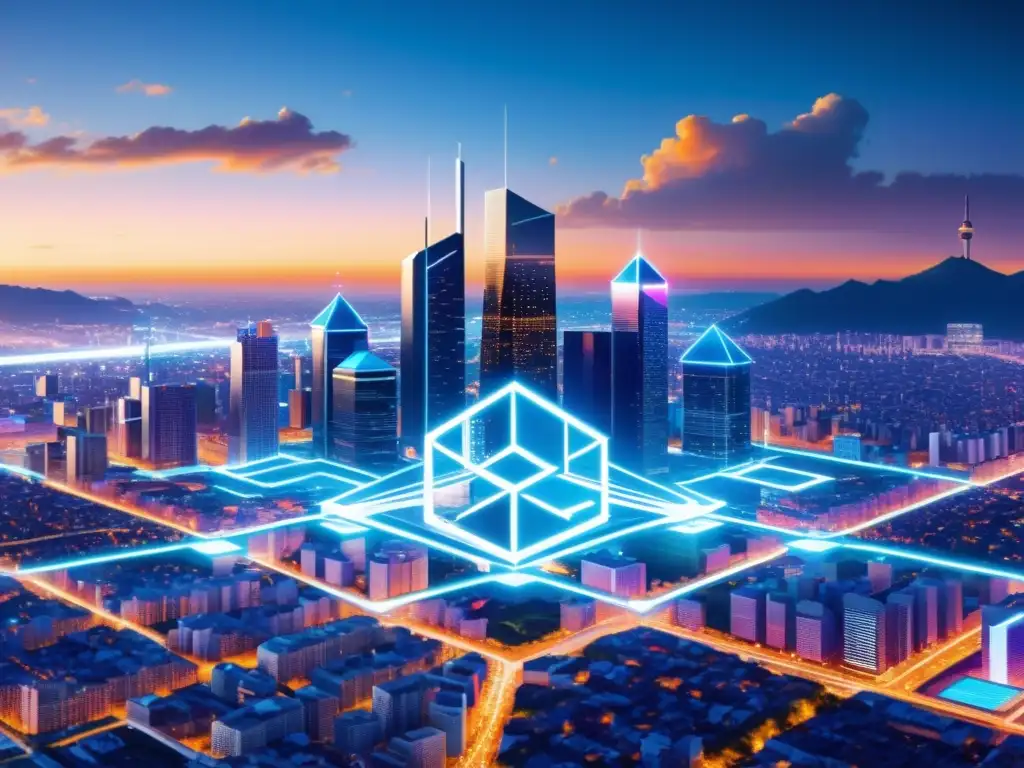 Vista futurista de una ciudad con tecnología blockchain y código abierto, simbolizando la innovación y la conexión descentralizada en la era digital