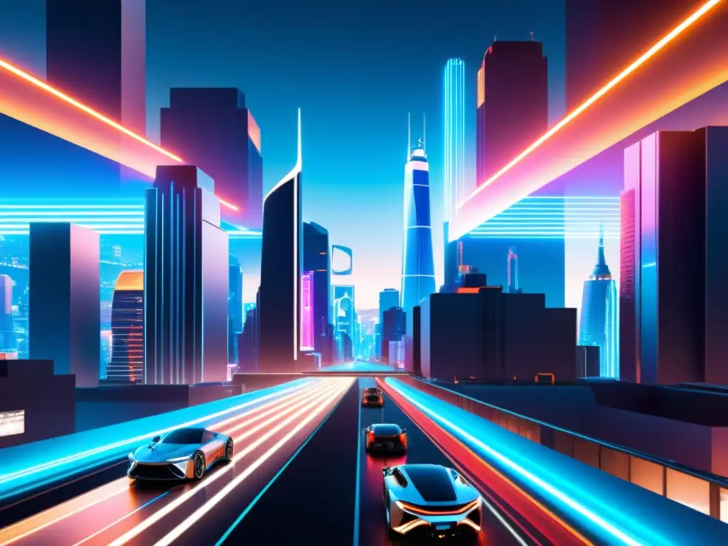 Vista futurista de una ciudad vibrante con arquitectura moderna y luces de neón