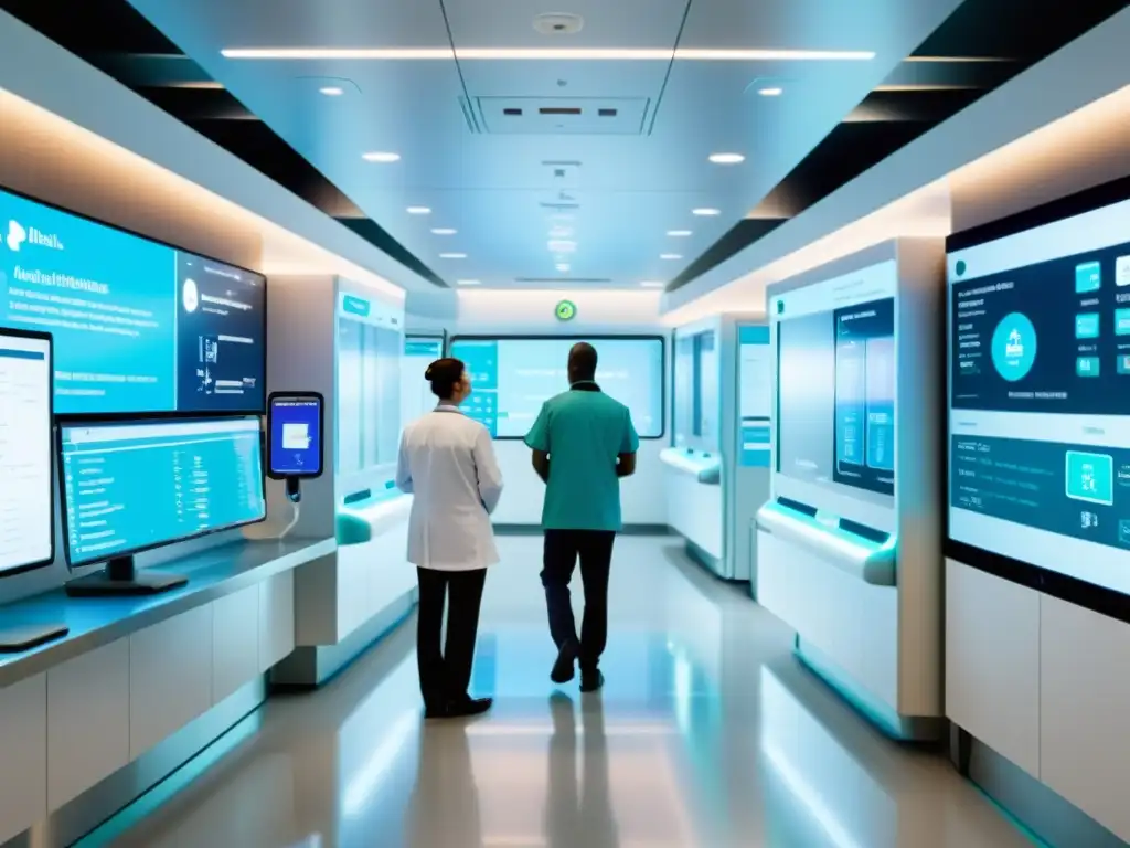 Vista futurista de un hospital moderno con tecnología de inteligencia artificial; optimización de recursos en hospitales