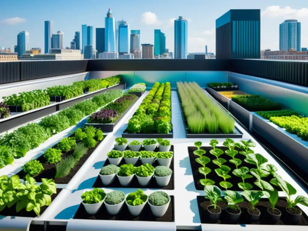 Una vista futurista de un jardín urbano con tecnología open source para agricultura urbana, integrando sistemas inteligentes de cultivo