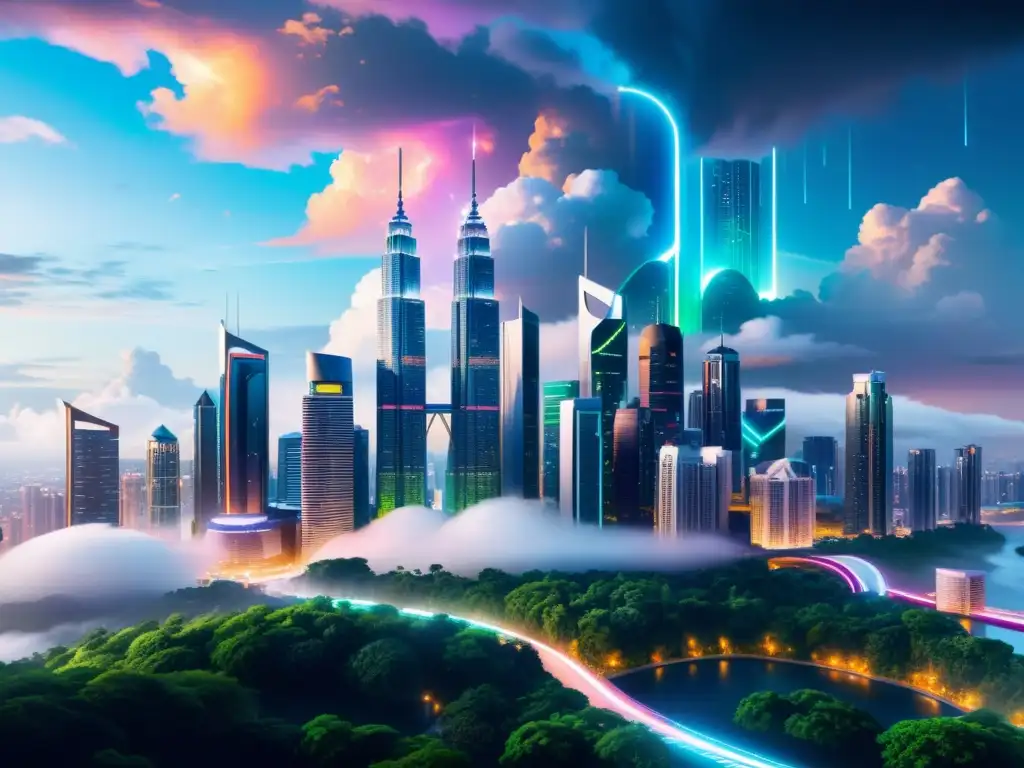 Vista impactante de una ciudad futurista integrada con la naturaleza, conectada por servicios de Cloud con API