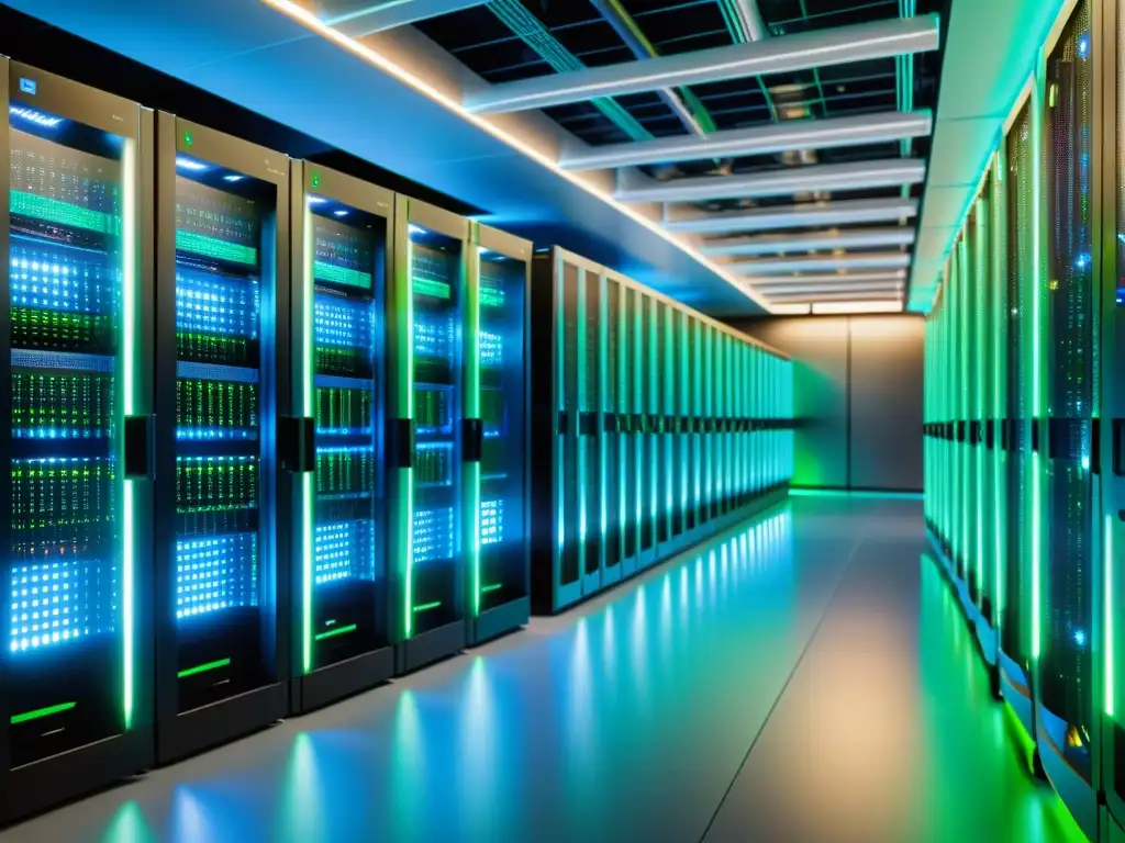 Centro de datos ultradetallado en 8k: tecnología de vanguardia Vista impresionante de un centro de datos moderno con servidores brillantes y ordenados emitiendo luces azules y verdes