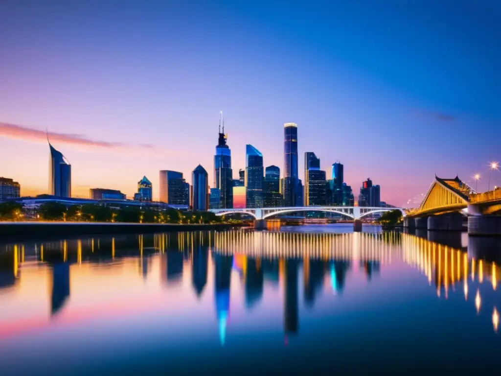 Vista impresionante de la ciudad al atardecer, con rascacielos iluminados reflejándose en el río