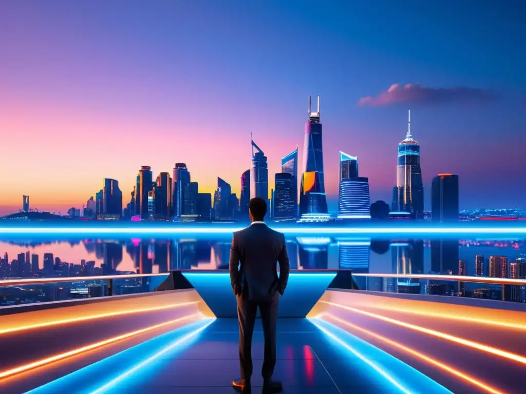 Vista impresionante de la ciudad moderna al anochecer, con edificios futuristas iluminados por luces de neón