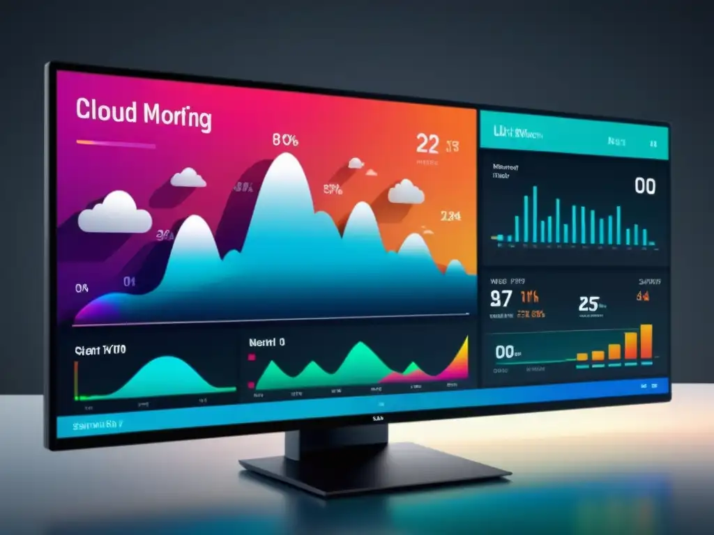 Vista impresionante de un moderno panel de monitoreo de nube en 8k, con gráficos dinámicos y controles intuitivos