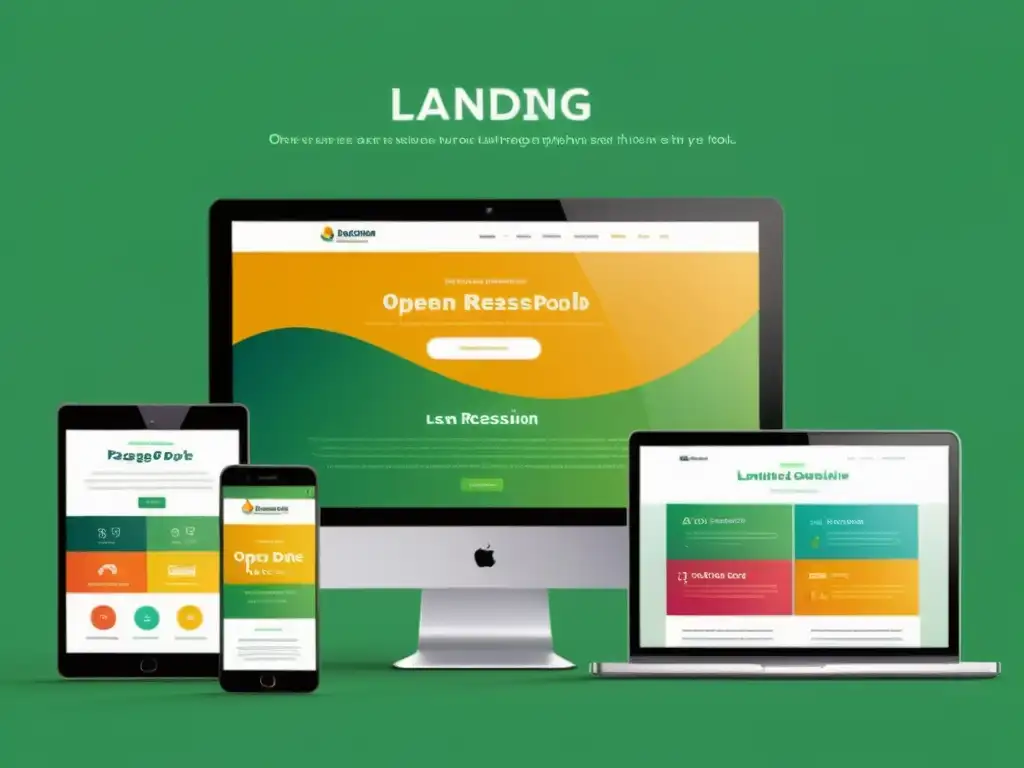 Vista en 8k de landing page open source, con diseño moderno y vibrante, mostrado en varios dispositivos para captar la atención