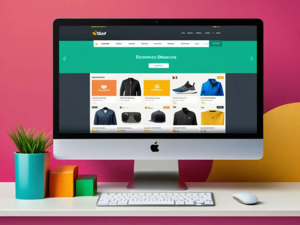 Vista de mercado online con plataformas eCommerce open source como Magento, WooCommerce y OpenCart, mostrando productos y navegación dinámica