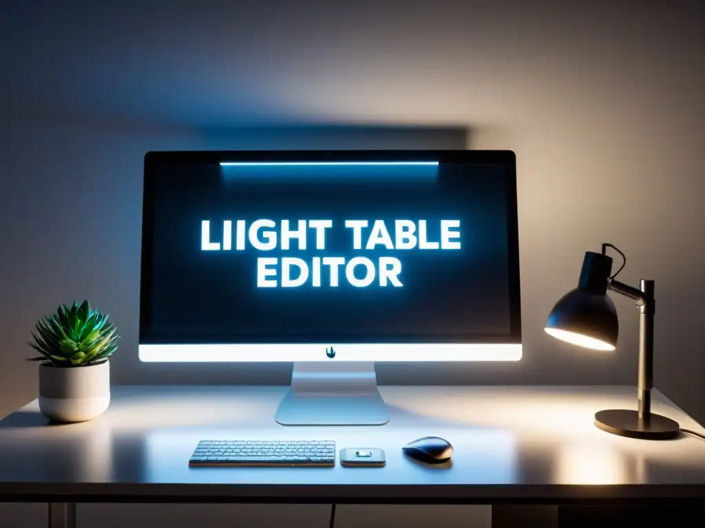 Vista de un moderno escritorio con el innovador editor de texto Light Table en un monitor de alta definición, iluminado con luz ambiental suave