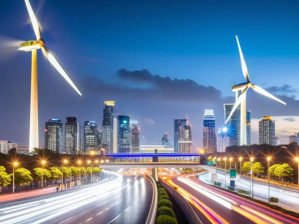 Vista nocturna de una ciudad futurista, con rascacielos iluminados y tecnología sostenible, destacando el impacto de código abierto en la huella de carbono