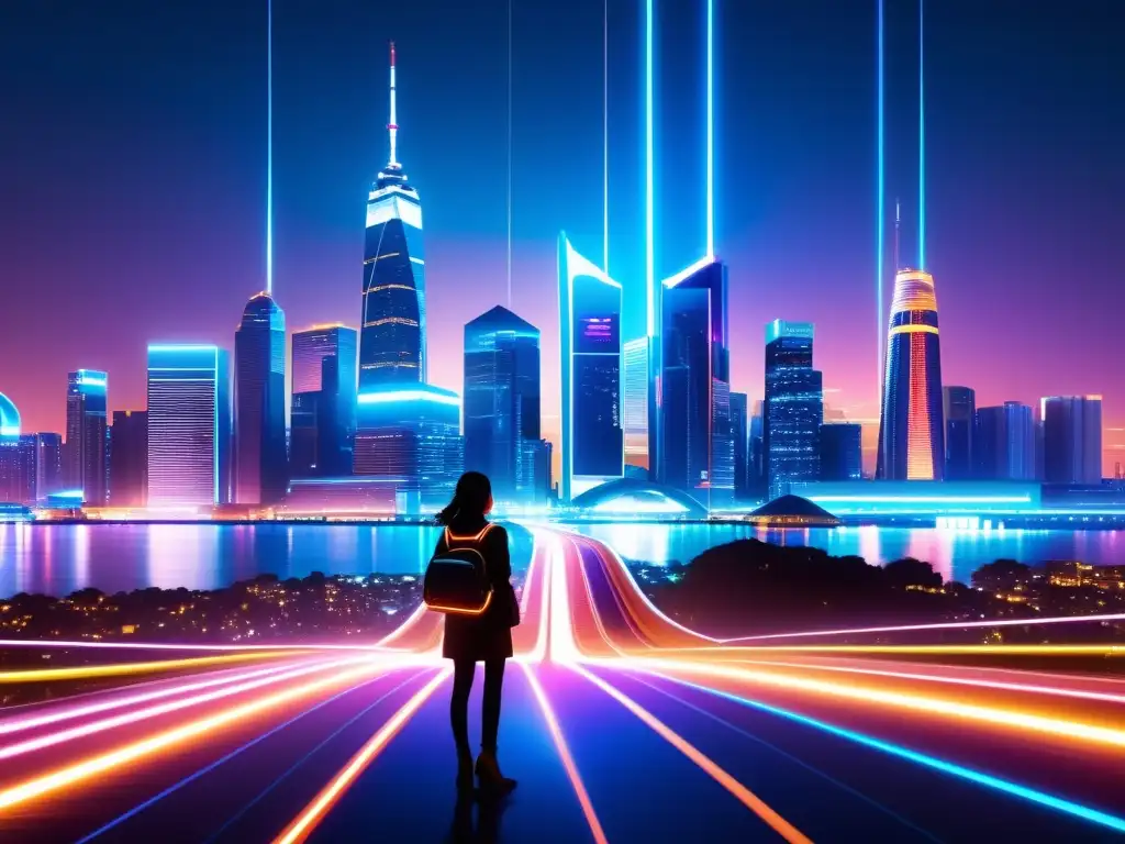 Vista nocturna de una ciudad futurista con rascacielos iluminados por luces de neón, reflejando la integración de código abierto en transformación digital