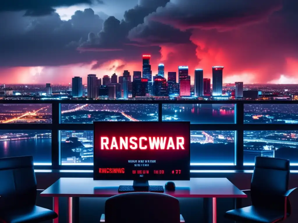 Vista nocturna de la ciudad con nubes rojizas ominosas y pantalla de ransomware