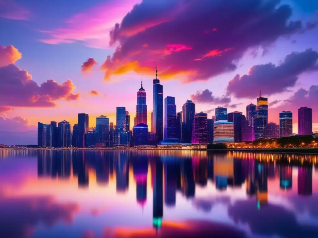 Vista nocturna de la ciudad con rascacielos iluminados por luces cálidas, reflejados en el río