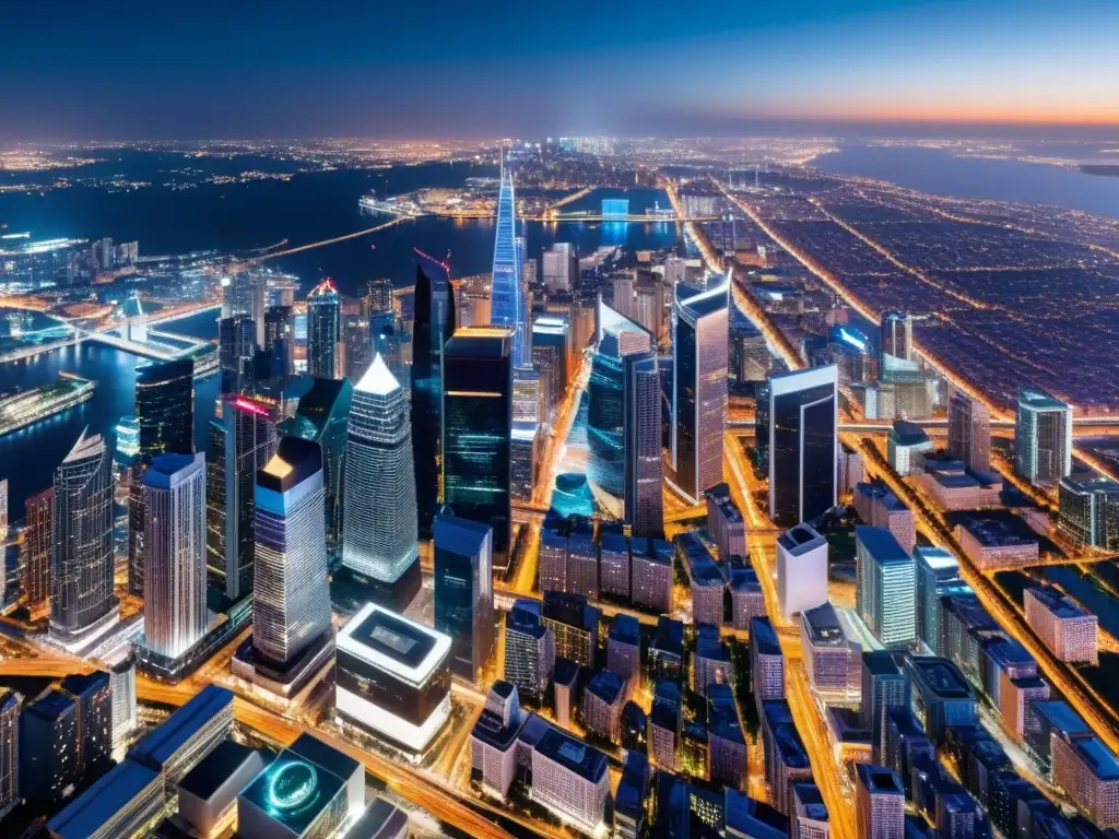 Vista nocturna deslumbrante de una ciudad iluminada, con rascacielos y carreteras brillantes