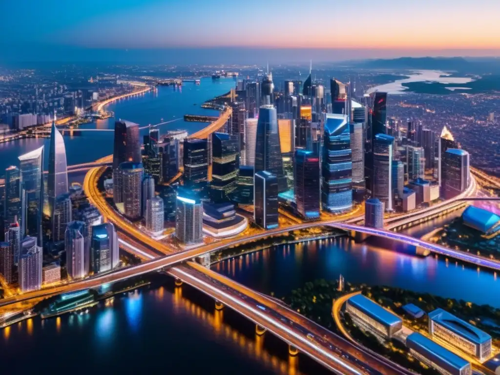 Espectacular vista aérea nocturna de la ciudad: luces vibrantes en 8K Vista nocturna futurista de la ciudad con luces vibrantes