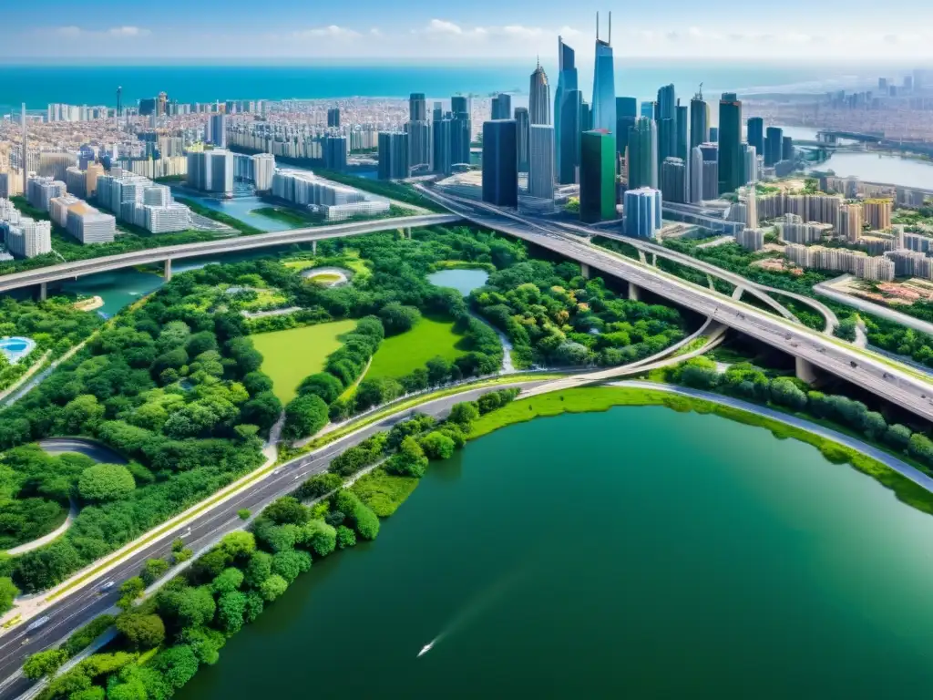 Una vista panorámica aérea de una ciudad bulliciosa con rascacielos y parques vibrantes, reflejando el contraste entre desarrollo urbano y espacios naturales