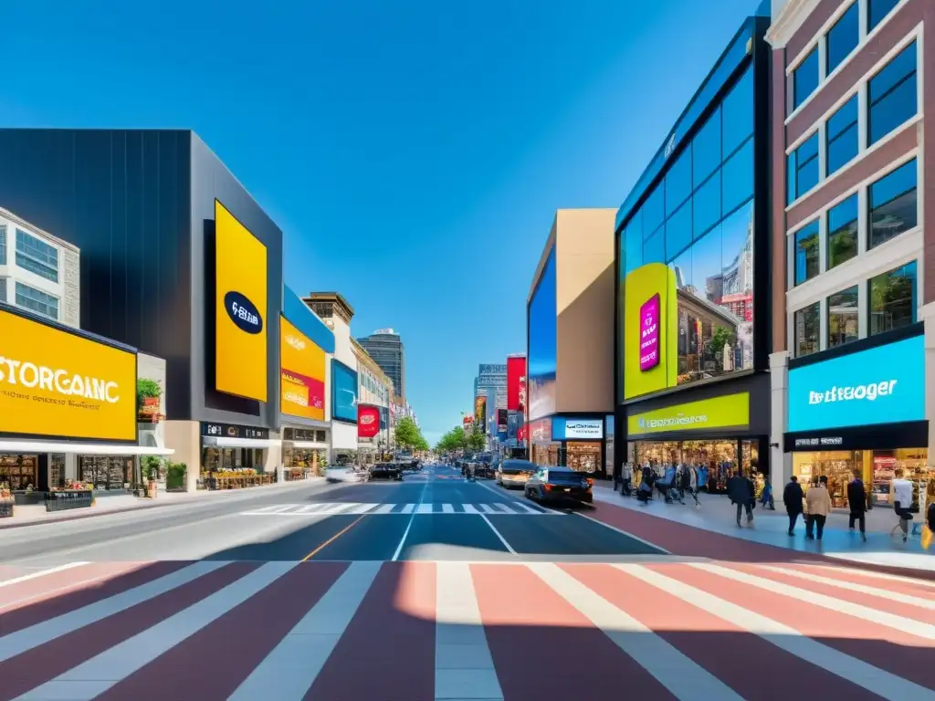 Vista panorámica de una bulliciosa calle de la ciudad con modernos escaparates y estrategias multicanal de software ecommerce código abierto