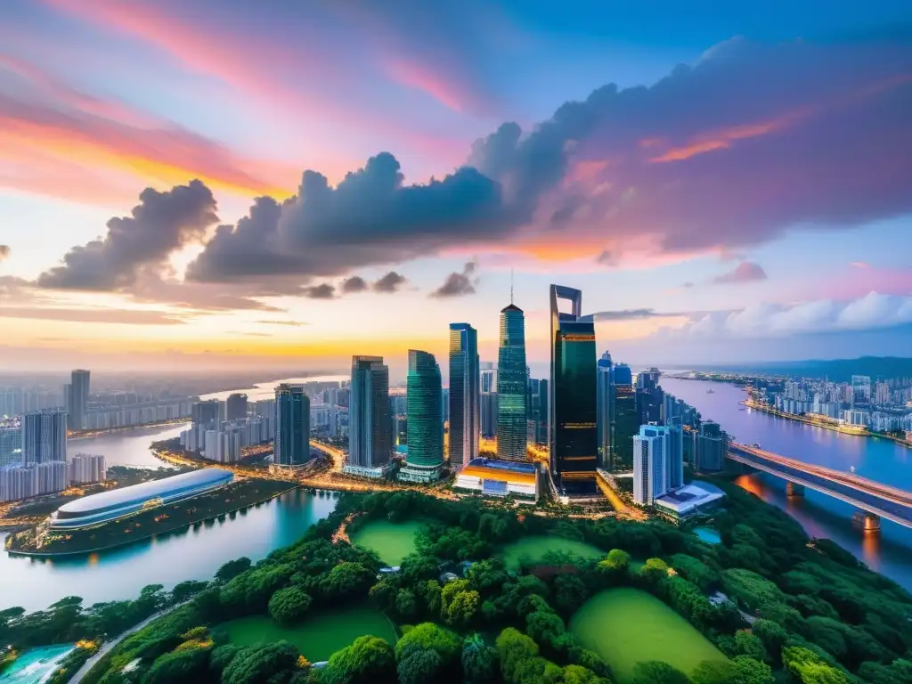 Vista panorámica de una bulliciosa ciudad al atardecer, con modernos rascacielos iluminados contra un cielo colorido