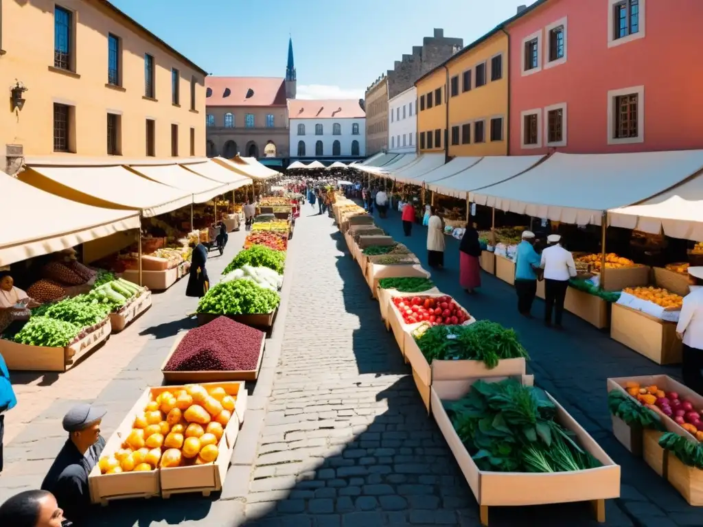 Vista panorámica de un bullicioso mercado al aire libre con productos frescos y artesanías, bañado por la cálida luz del sol