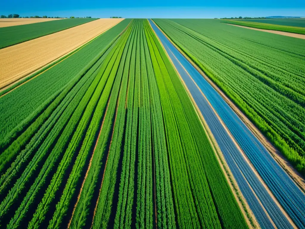 Vista panorámica de un campo agrícola bañado por el sol, mostrando filas de cultivos verdes y frondosos en armonía con el cielo azul