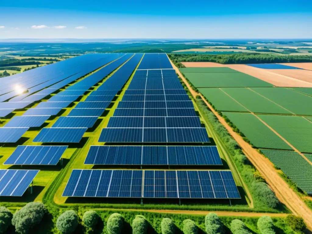 Vista panorámica de un campo de paneles solares brillantes, rodeados de exuberante vegetación y cielo azul