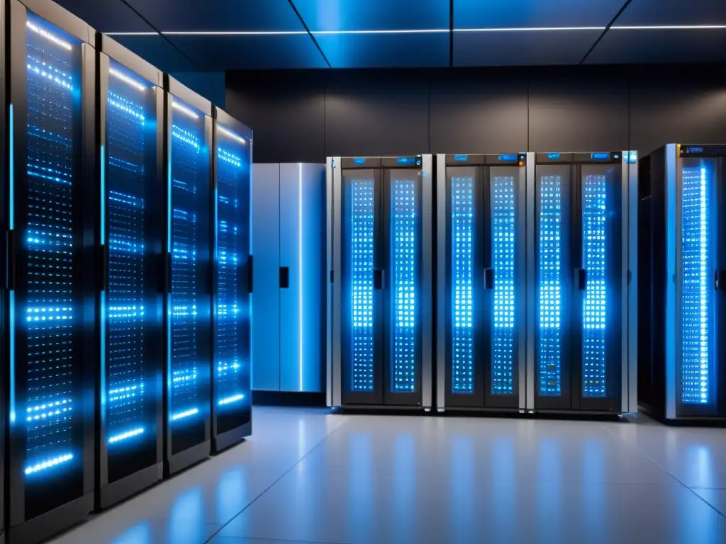 Vista panorámica de un centro de datos futurista, con luces LED azules y servidores ordenados, transmitiendo seguridad tecnológica avanzada y estabilidad