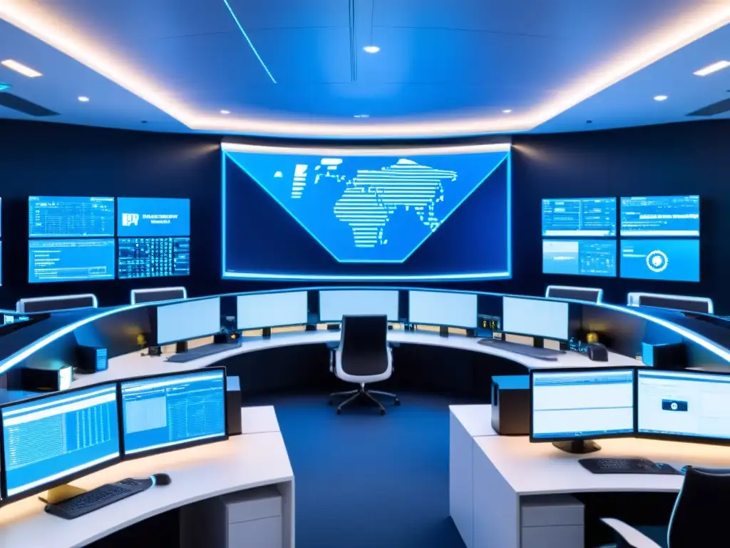 Vista panorámica de un centro de operaciones de seguridad (SOC) futurista y de alta tecnología con monitores grandes mostrando actividad de red en tiempo real, un equipo de profesionales de ciberseguridad trabajando en sus puestos, y herramientas de monitoreo de seguridad de última generación en toda la sala