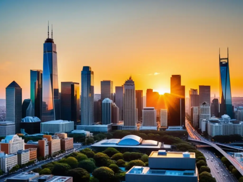 Vista panorámica de la ciudad al atardecer, con rascacielos modernos reflejando la cálida luz dorada