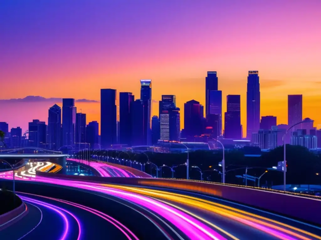 Vista panorámica de la ciudad al atardecer con modernos edificios y sensores integrados, reflejando soluciones prácticas para monitoreo calidad aire