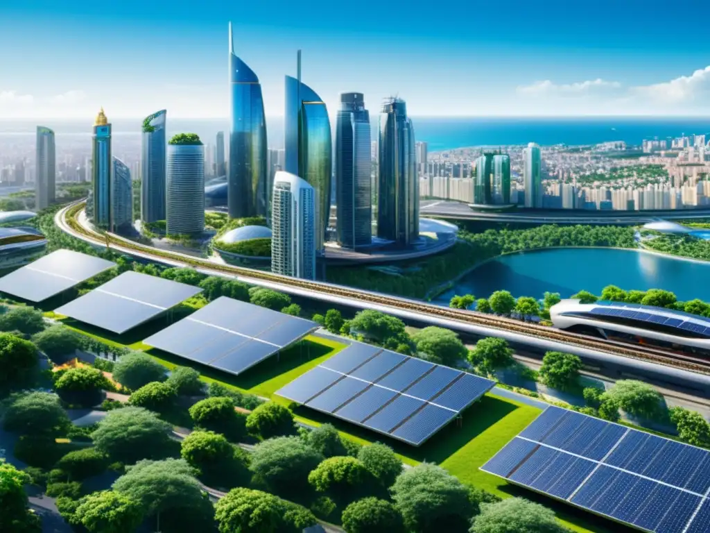 Vista panorámica de una ciudad futurista sostenible con energía solar y transporte ecológico