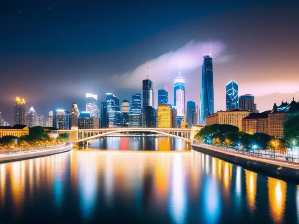 Vista panorámica de una ciudad iluminada de noche, con rascacielos brillantes y un puente moderno, reflejados en el río