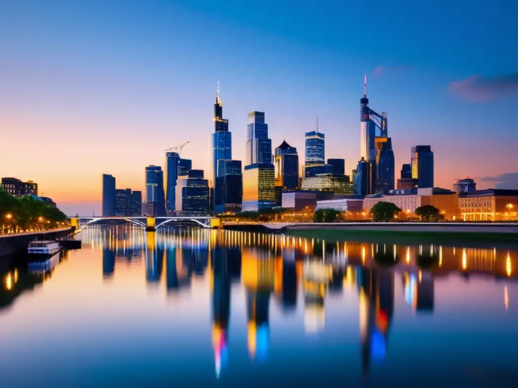 Vista panorámica de ciudad moderna al anochecer, con luces de la ciudad reflejadas en el río