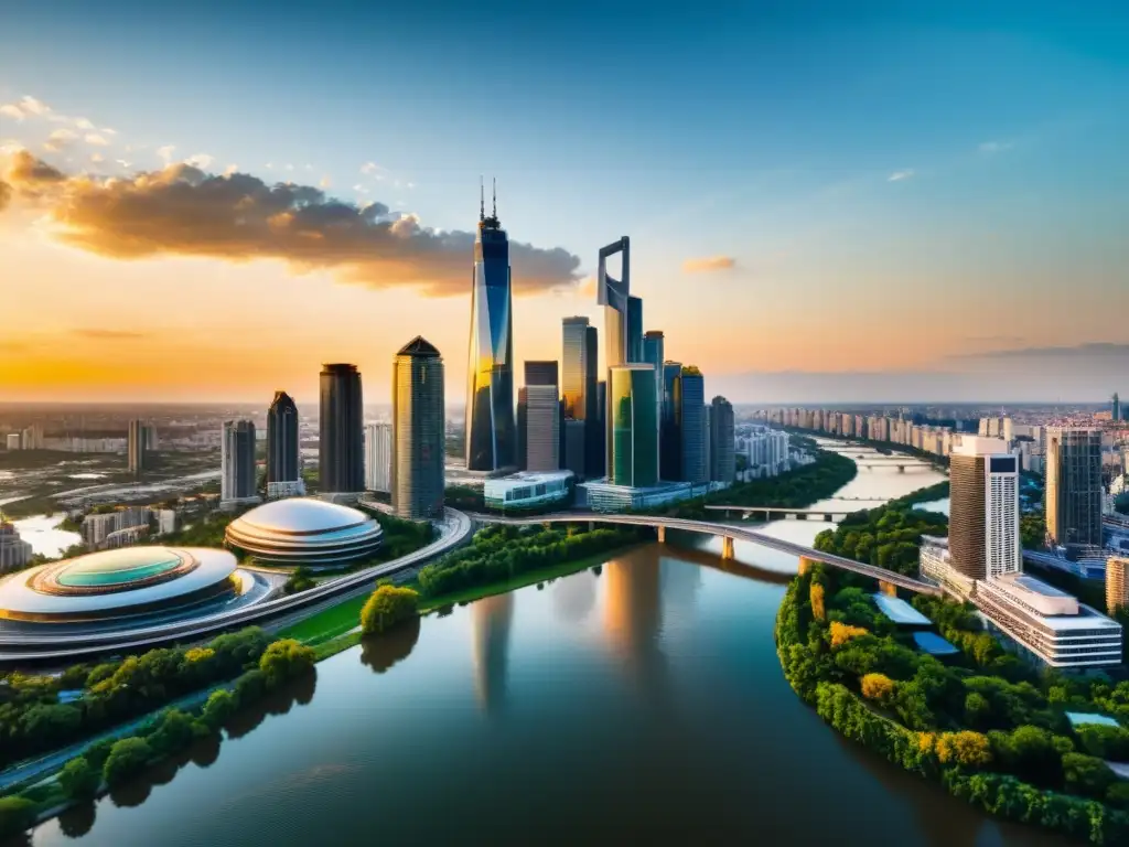 Vista panorámica de una ciudad moderna al atardecer, con rascacielos relucientes y contrastes entre naturaleza y urbanización