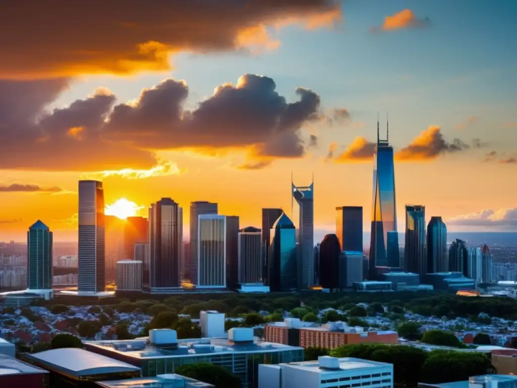 Vista panorámica de una ciudad moderna y dinámica al atardecer, reflejando la innovación y el cumplimiento de seguridad en la nube para Open Source