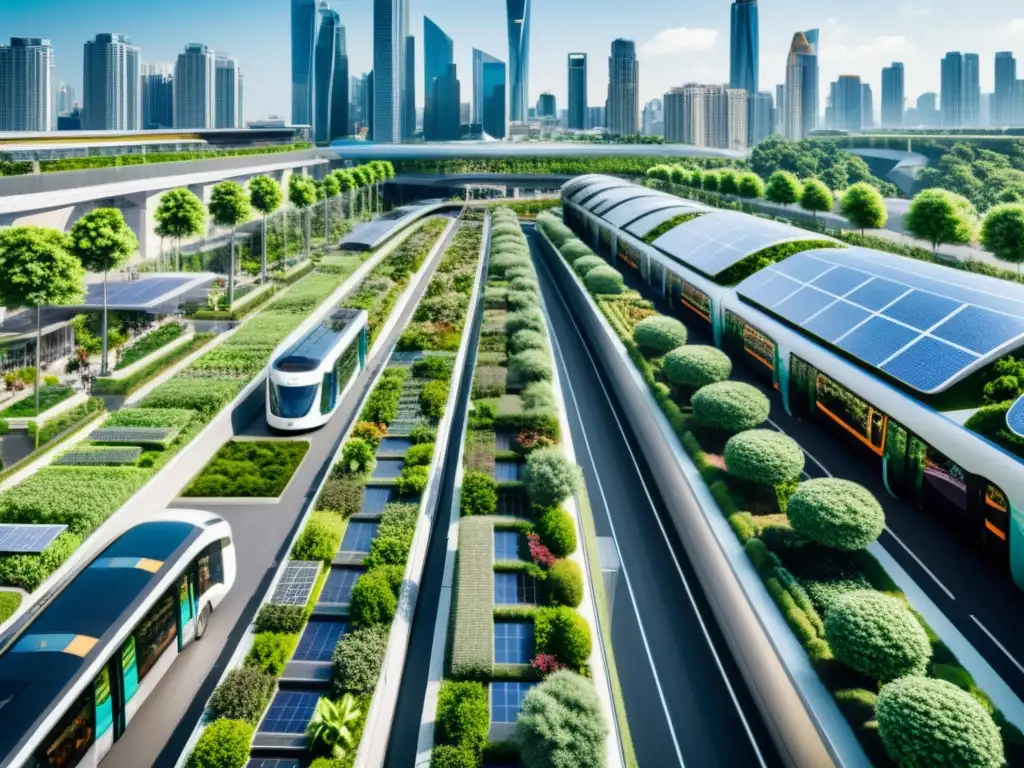 Vista panorámica de una ciudad moderna y sostenible con rascacielos, transporte público ecológico y arquitectura verde