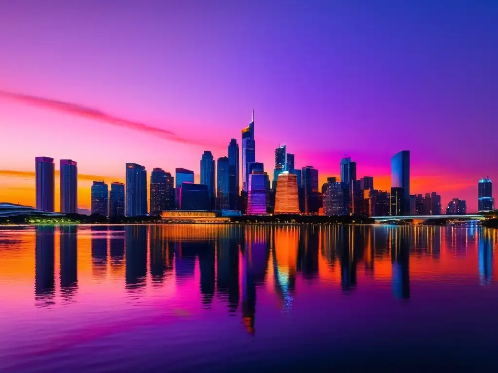 Vista panorámica de una ciudad moderna al anochecer, con rascacielos iluminados y reflejados en el río