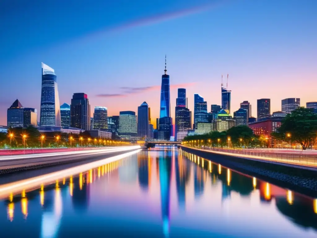 Vista panorámica de una ciudad vibrante al anochecer, con edificios modernos iluminados por luces de neón