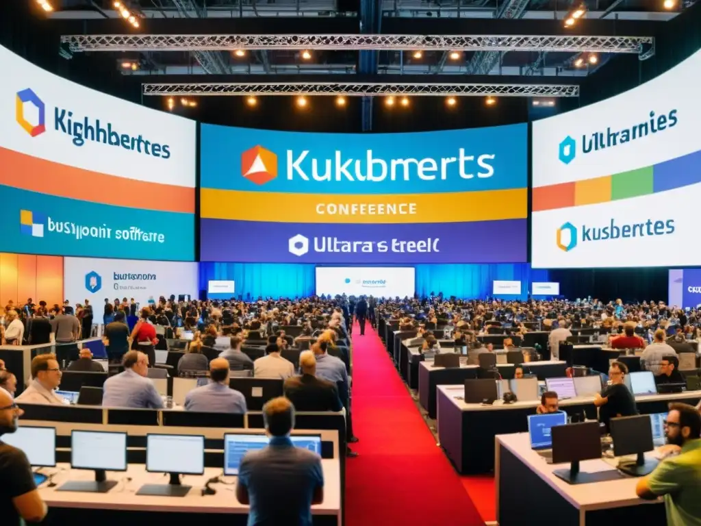 Vista panorámica de una conferencia de código abierto con la vibrante comunidad colaboradora de Kubernetes, destacando la innovación y la colaboración