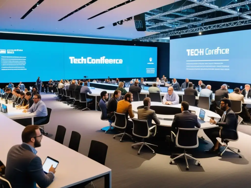 Una vista panorámica de una conferencia tecnológica bulliciosa, con asistentes inmersos en discusiones y networking