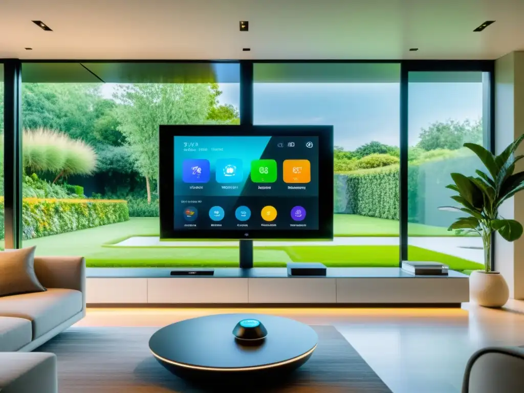 Vista panorámica de un hogar inteligente sostenible con diseño minimalista y tecnología de automatización del hogar con software libre