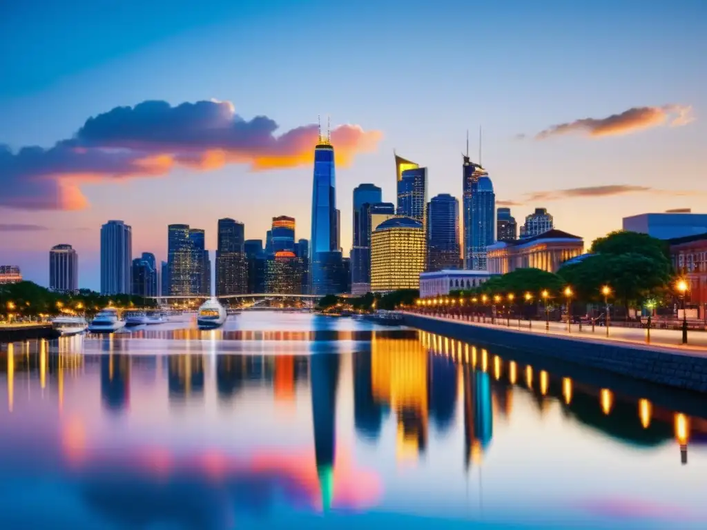 Vista panorámica de una moderna ciudad al anochecer, con rascacielos iluminados reflejándose en el río