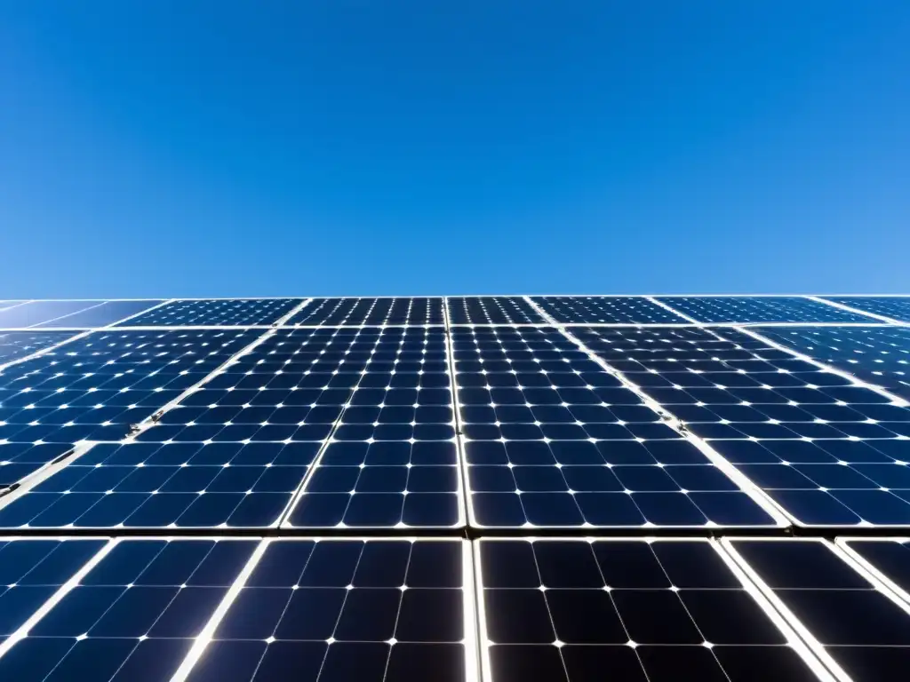 Vista panorámica de una moderna matriz de paneles solares con tecnología de vanguardia, alineados en filas perfectas bajo el cielo azul