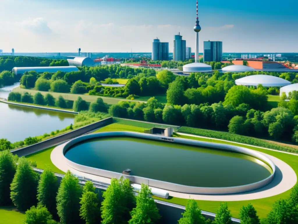 Vista panorámica de Berlín con moderna planta de tratamiento de agua y gestión eficiente del agua en software de código abierto