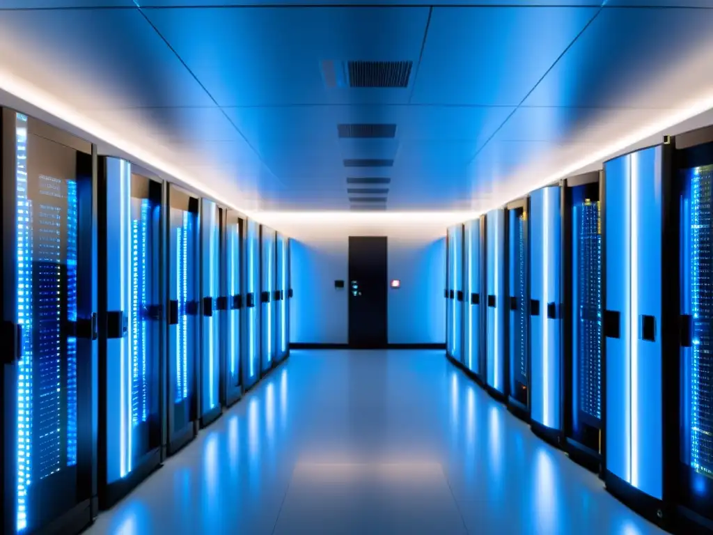 Centro de datos de vanguardia: elegancia tecnológica Vista panorámica de un moderno centro de datos con servidores organizados, iluminado en azul